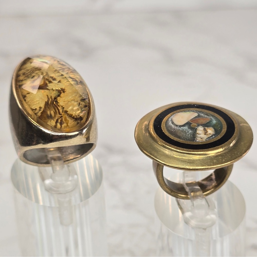 Vintage Statement Cocktail Ring Lot Marquise Abalone Shell Inlay Mosaic Brass
